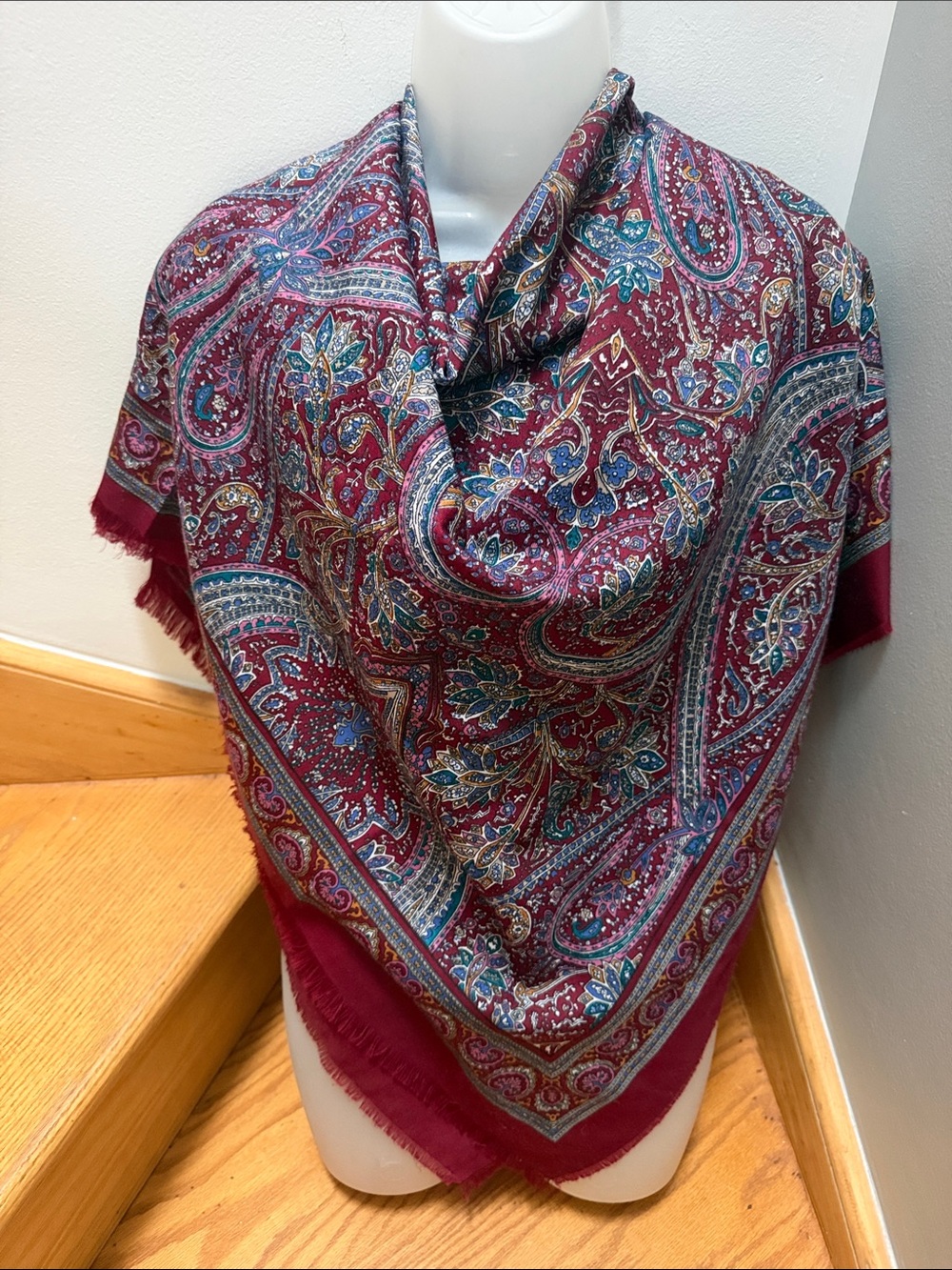 Paisley Polyester large Shawl Wrap in Burgundy and Teal. Tie Rack. Made in Italy